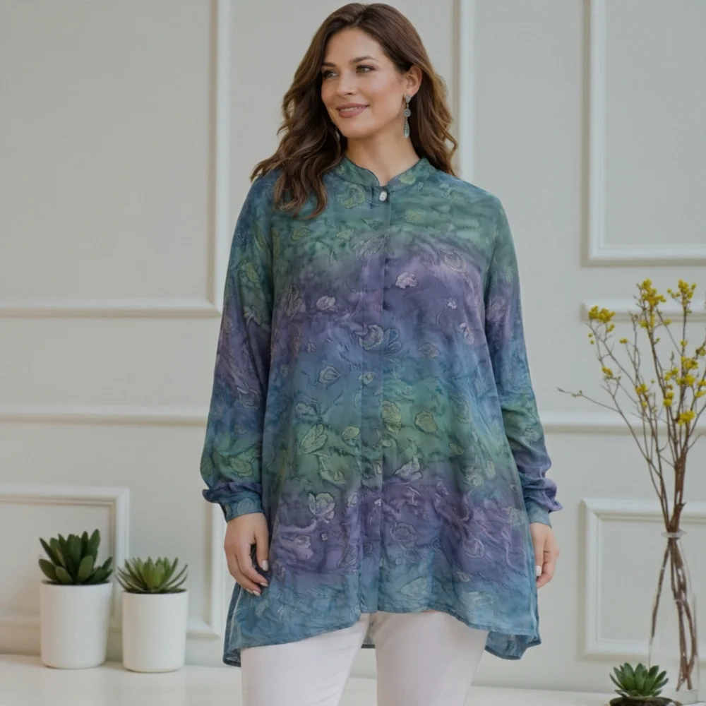 Dana‎ Taylor Woman Floral Blouse 1X Button Up Tunic Watercolor Feminine Romantic